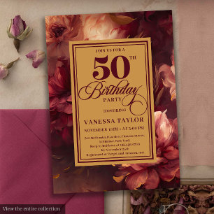 Glamourous burgundy blush gold roses 50th birthday invitation