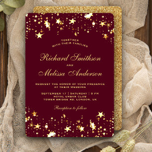 Glamourous Burgundy Gold Faux Glitter Stars Weddin Invitation