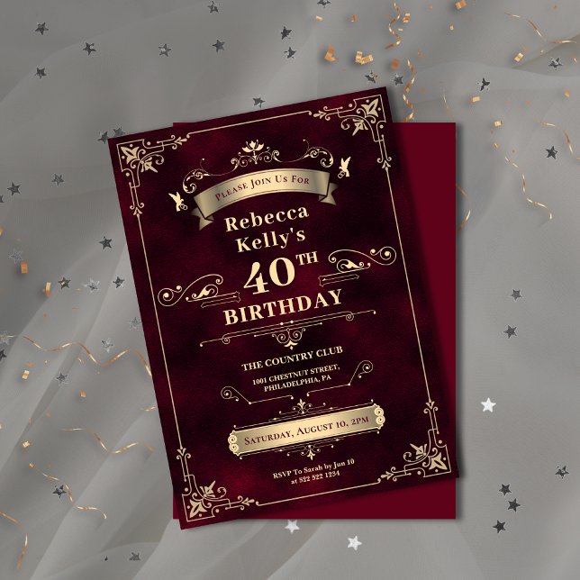 Glamourous Burgundy Gold Milestone Age Birthday Invitation (Glamorous Burgundy Gold Milestone Age Birthday Invitation)