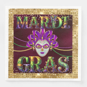 Glamourous Burgundy Masquerade Mardi Gras Party Napkin