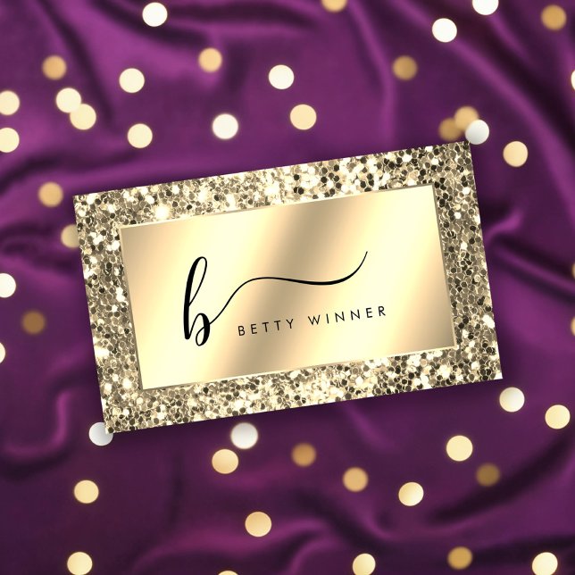 Glamourous Champagne Gold Glitter Script Monogram Business Card (Creator Uploaded)