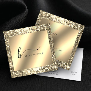 Glamourous Champagne Gold Glitter Script Monogram Square Business Card