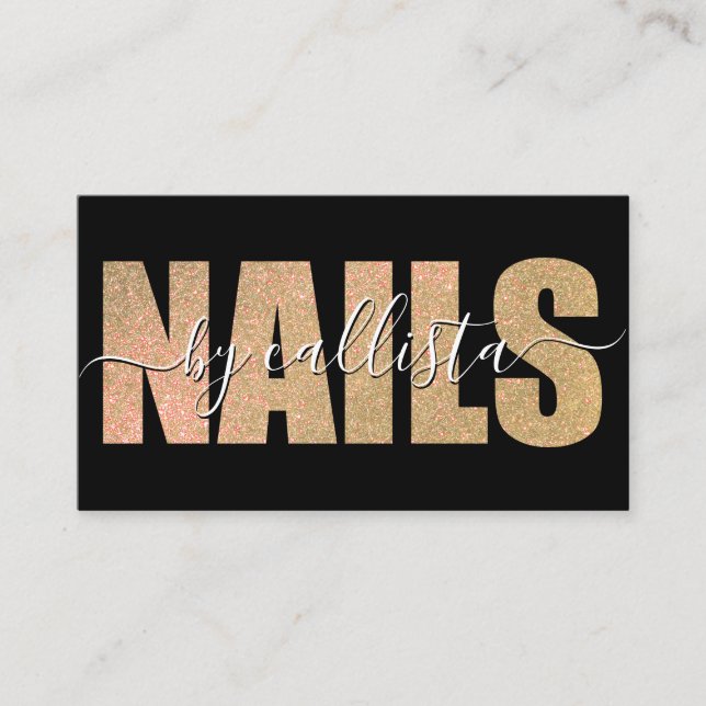Glamourous Chic Gold Glitter Typography Nail Artis Business Card (Front)