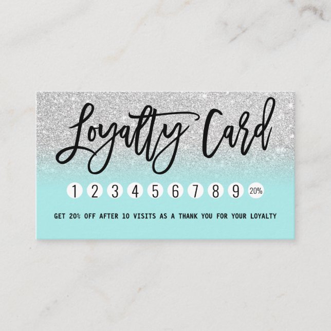 Glamourous Chic Mint Silver Glitter Modern Loyalty Card (Front)