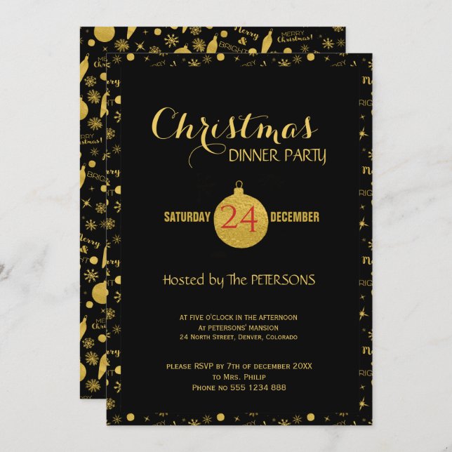 Glamourous Christmas script pattern gold black Invitation (Front/Back)