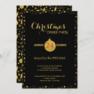 Glamourous Christmas script pattern gold black Invitation