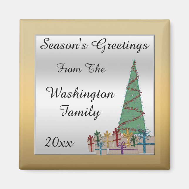 Glamourous Christmas Tree & Presents Faux Glitter Magnet (Front)