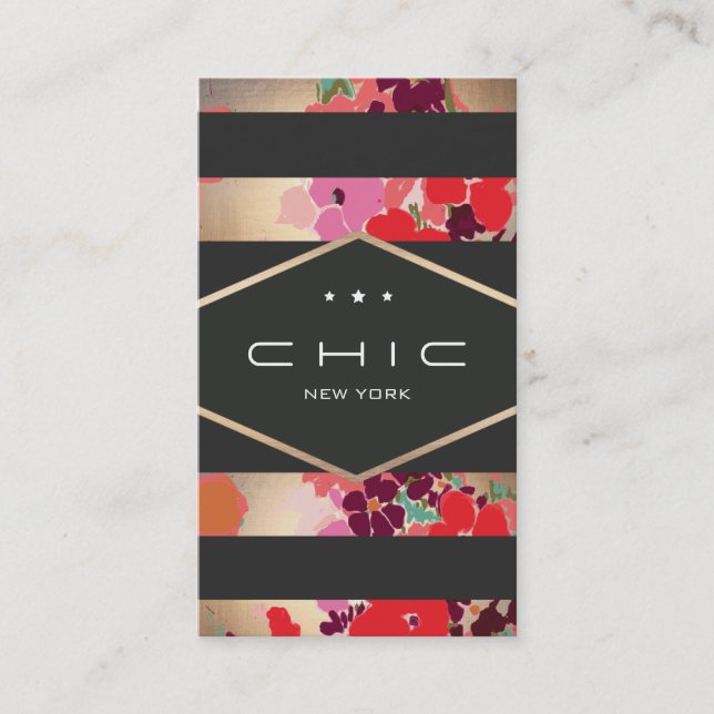 Glamourous Colourful Gold Floral Striped Business Card (Front)