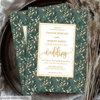 Glamourous Dark Green Gold Leaves Wedding Invites