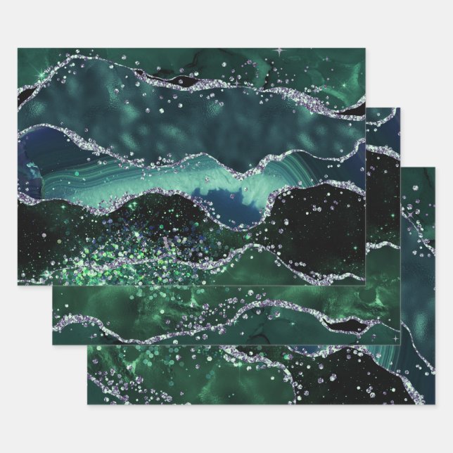 Glamourous Dark Green & Silver Faux Glitter Agate Wrapping Paper Sheet (Set)