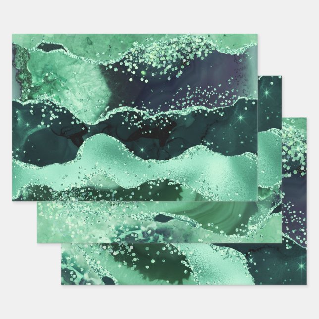 Glamourous Dark & light green Faux Glitter Agate Wrapping Paper Sheet (Set)
