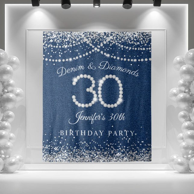 Glamourous Denim & Diamonds 30th Birthday Backdrop Tapestry (Denim and Diamonds 30th Birthday Party Backdrop)