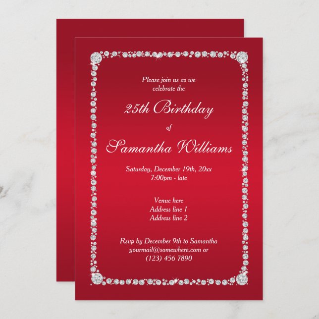 Glamourous Diamond Frame & Ruby Red Birthday Invitation (Front/Back)