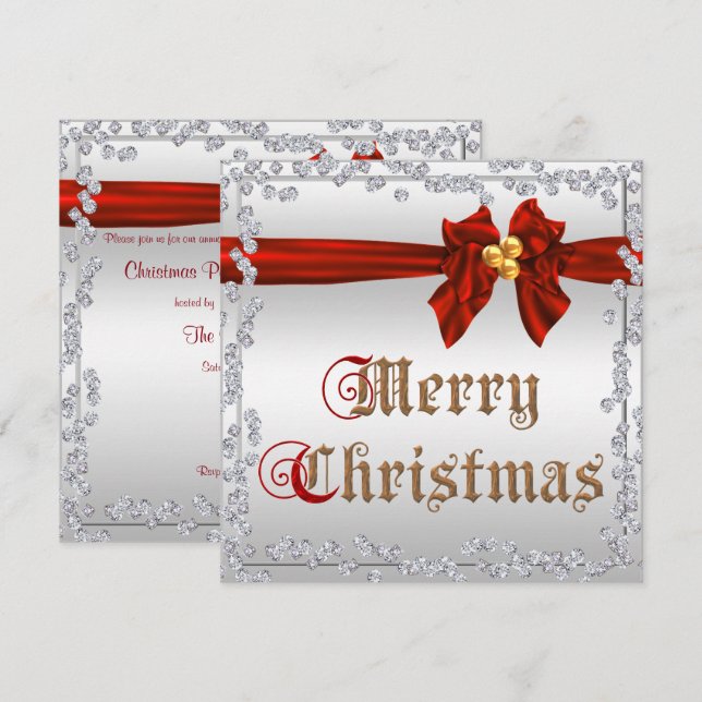 Glamourous Diamonds & Red Silky Sash Bow Christmas Invitation (Front/Back)