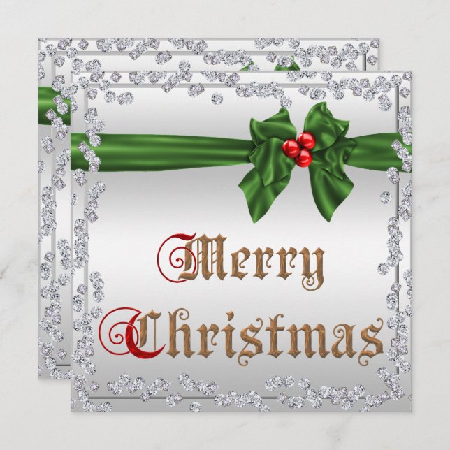Glamourous Diamonds & Silky Sash Bow Christmas Invitation (Front/Back)