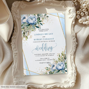 Glamourous Dusty Blue Gold Floral Wedding Invite