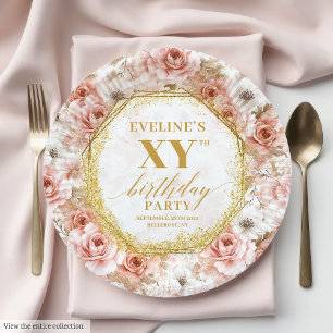 Glamourous Dusty Pink Floral Birthday Paper Plates