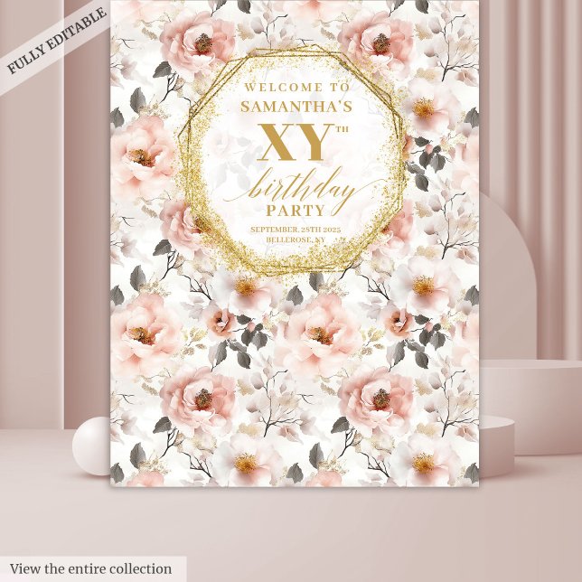 Glamourous Dusty Pink Floral Birthday Party Banner Tapestry (Glamorous Dusty Pink Floral Birthday Party Banner Tapestry)