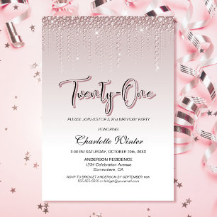 Glamourous Dusty Rose Pink Diamonds 21st Birthday Invitation