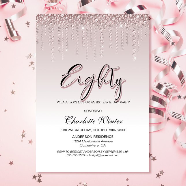 Glamourous Dusty Rose Pink Diamonds 80th Birthday Invitation (Creator Uploaded)
