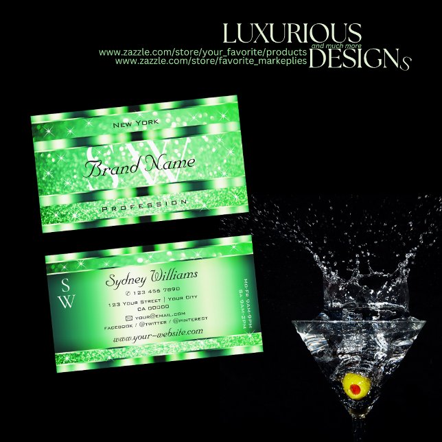 Glamourous Emerald Green Glitter Stars and Monogra Business Card (Creator Uploaded)