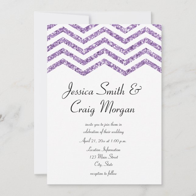 Glamourous Faux Amethyst Glitter Chevron Wedding Invitation (Front)