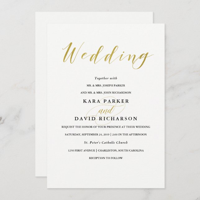 Glamourous Faux Gold Classic Wedding Invitation (Front/Back)