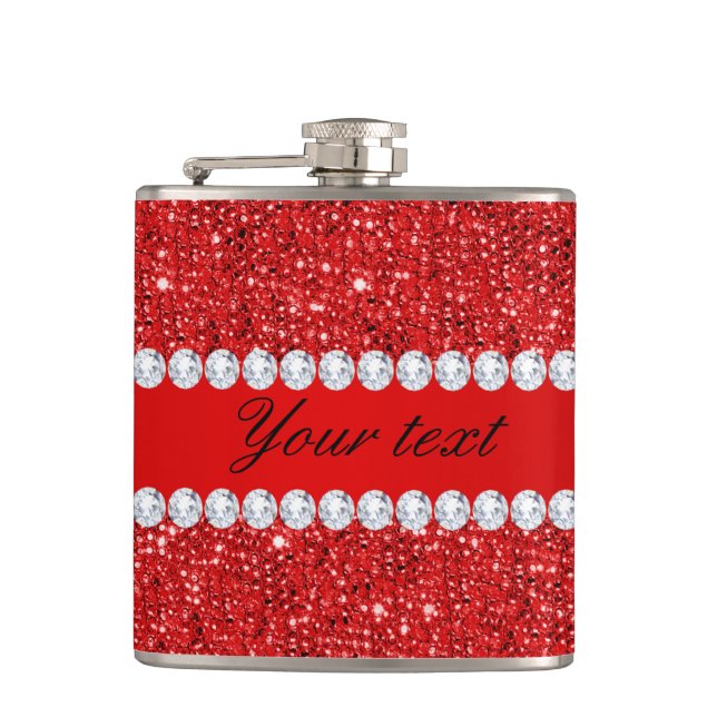 Glamourous Faux Red Sequins and Diamonds Hip Flask (Front)