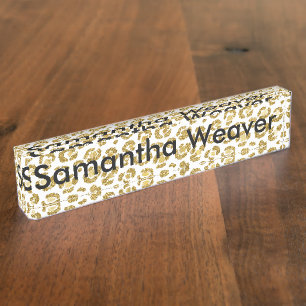 Glamourous Faux Sparkly Gold Leopard Nameplate