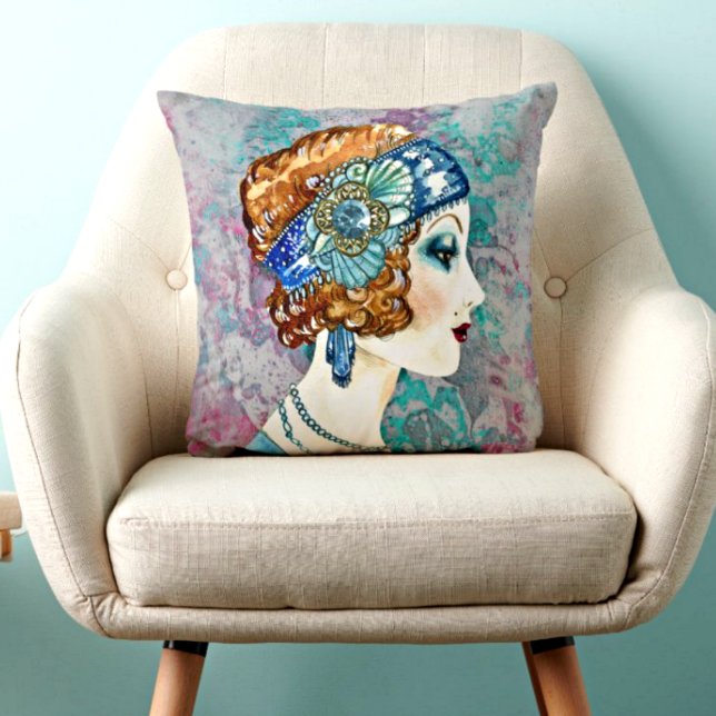 Glamourous Flapper Girl Grey Teal Rose Reversible Cushion (Creator Uploaded)