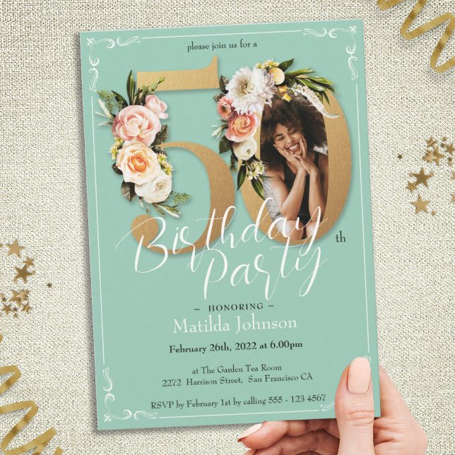 Glamourous Floral Gold Photo 50th Birthday Party Invitation (Glamorous Floral Gold Photo 50th Birthday Party Invitation)