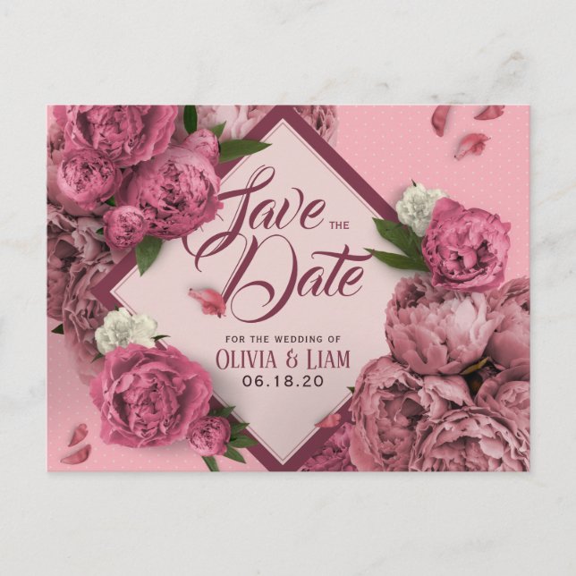 Glamourous Floral Peonies Design Save The Date Postcard (Front)