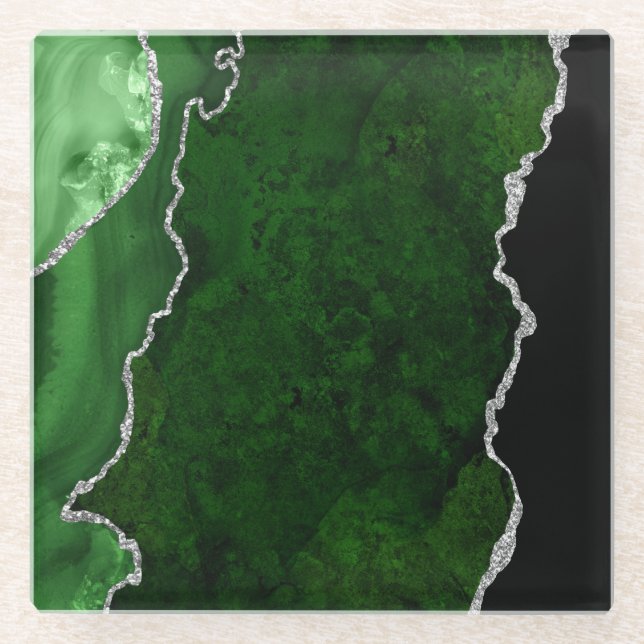 Glamourous Forest Green Marble Chic Silver Glitter Glass Coaster (Front)