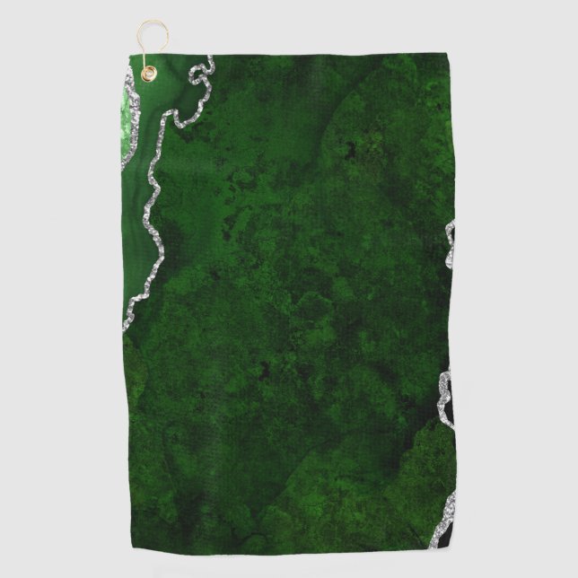 Glamourous Forest Green Marble Chic Silver Glitter Golf Towel (Front)