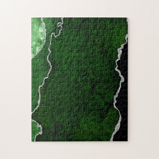 Glamourous Forest Green Marble Chic Silver Glitter Jigsaw Puzzle (Vertical)
