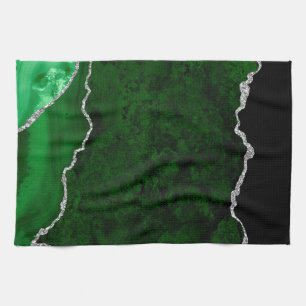 Glamourous Forest Green Marble Chic Silver Glitter Tea Towel