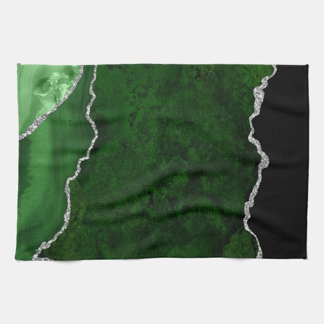 Glamourous Forest Green Marble Chic Silver Glitter Tea Towel (Horizontal)