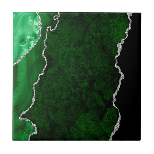 Glamourous Forest Green Marble Chic Silver Glitter Tile (Front)