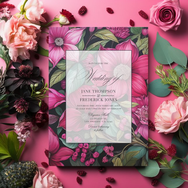 Glamourous Fuchsia, Emerald Green & Black Floral Invitation (Glamorous Fuchsia, Emerald Green and Black Floral Wedding Invitation)