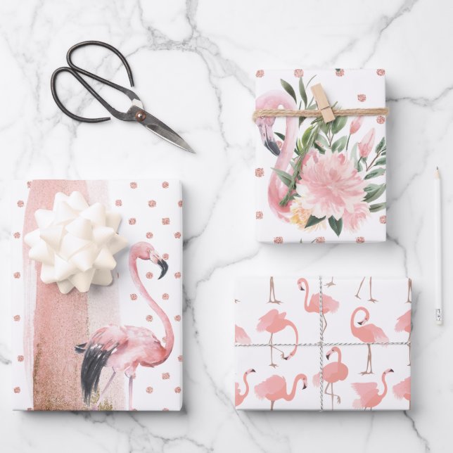 Glamourous Girly Pink Flamingo Patterns Wrapping Paper Sheet (Front)