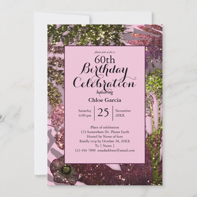 Glamourous Glitter Indian Florals  | Sparkle Pink Invitation (Front)