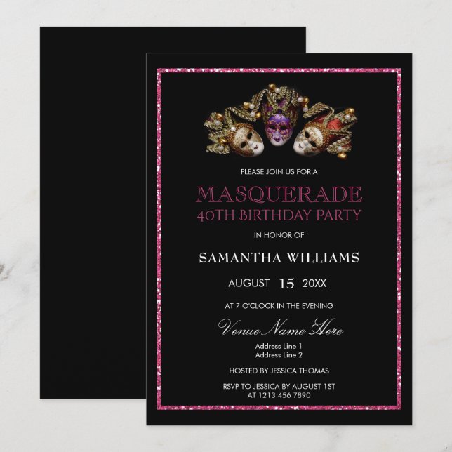 Glamourous Glitters  Masquerade 40th Birthday Invitation (Front/Back)