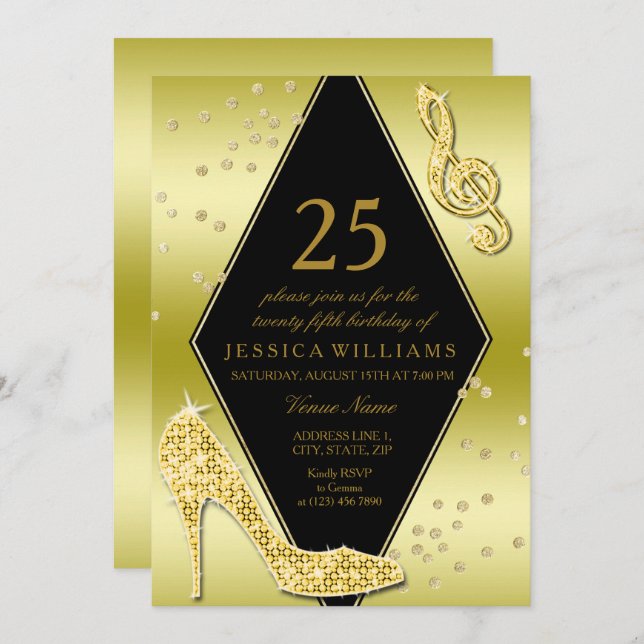 Glamourous Glitzy Gold 25th Birthday Invitation (Front/Back)