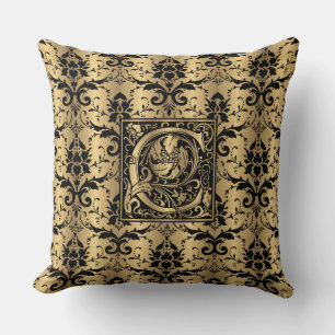 Glamourous Gold and Black Damask Print Monogram C Cushion
