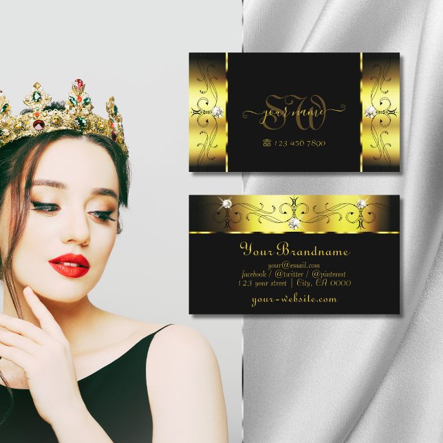 Glamourous Gold and Black Squiggled Jewels Monogra Business Card (Creator Uploaded)