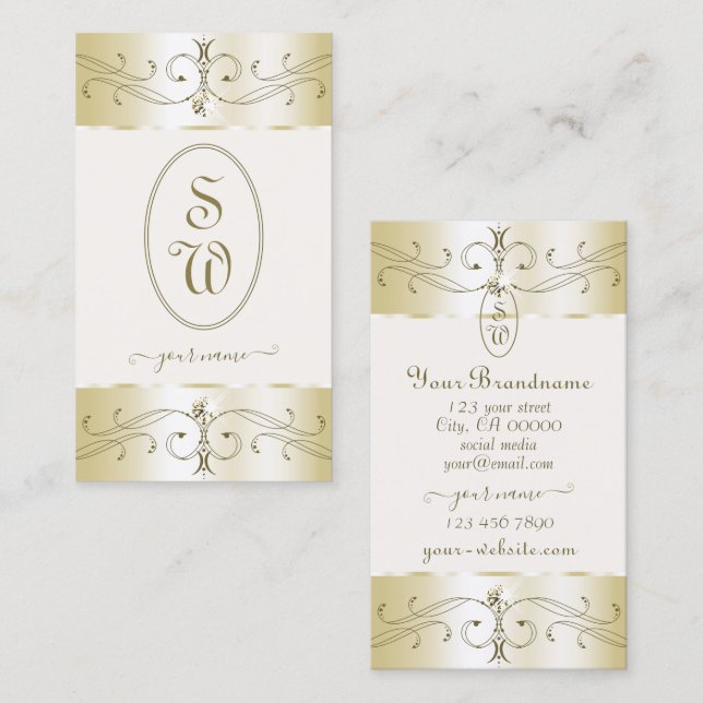 Glamourous Gold and Cream Ornate Ornaments Monogra Business Card (Front/Back)
