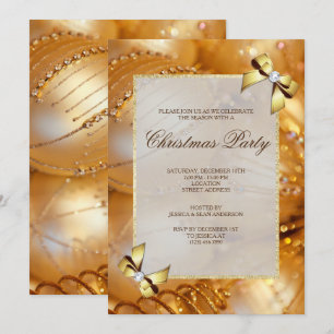 Glamourous Gold Baubles & Bows Christmas Party Invitation