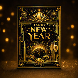 Glamourous Gold Black Art Deco New Year Holiday Card