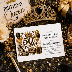 Glamourous Gold Black Confetti 50th Birthday Invit Invitation