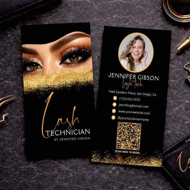 Glamourous Gold & Black Lash Tech QR Code  Business Card (Creator Uploaded)